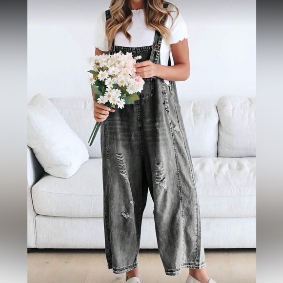 Light Blue Distressed Wide Leg Adjustable Strap Denim Jean Overalls - Picture 5 of 8